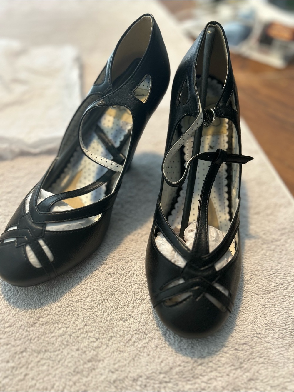 Bettie Page Black Strappy T-Strap Mary Jane Heels